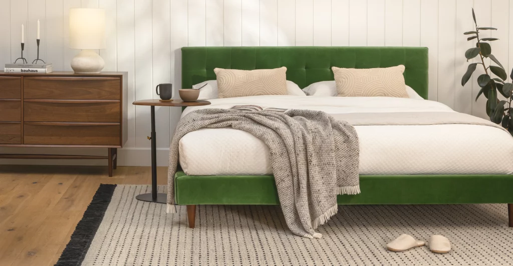 green-mid-century-modern-velvet-bed