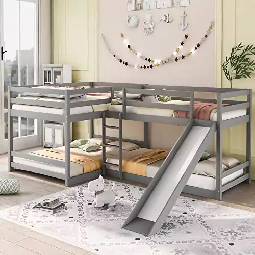 Bellemave Quad Bunk Beds with Slide L-Shape Bunk Bed for 4 Twin Over Twin Attach with Full Over Full Bunked Wood Corner Low Four Beds for Kids Boys Girls Teens, Gray