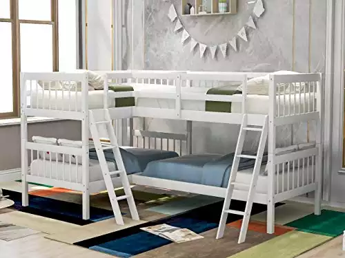 Harper & Bright Designs L Shaped Bunk Bed for 4, Quad Bunk Bed Twin Size, Wooden Bunk Bed Frame for Kids Teens Adults - White