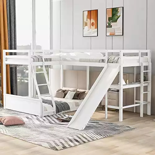 Merax Twin Over Full Bunk Beds with a Twin-Size Loft Bed Attached, Wood Triple Bunkbed with Desk and Slide for Boys or Girls