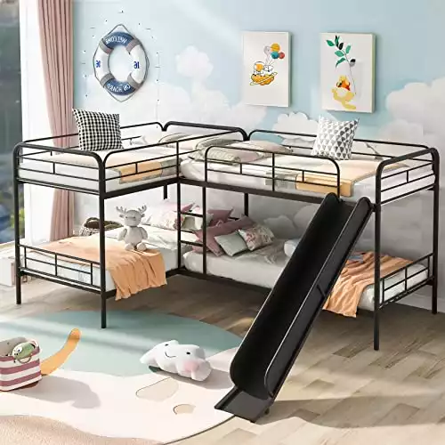 Quad Bunk Beds with Slide L-Shape Bunk Bed for 4 Twin Over Twin Metal Bunked Frame for Kids Boys Girls Teens, Black