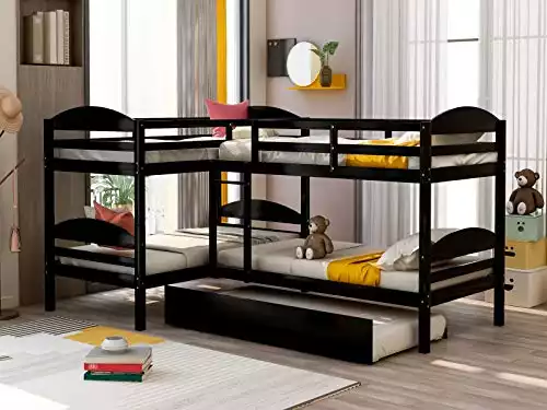 Harper & Bright Designs Quad Bunk Bed with Trundle, L Shaped Bunk Bed for 4 Kids, Wooden Twin Bunk Bed Frame for Kids Teens Adults - Espresso