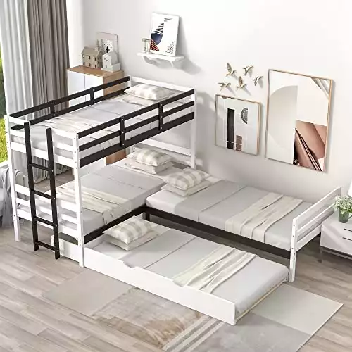 Twin Over Twin L-Shaped Bunk Bed with Platform Bed and Trundle Attached, Triple Bunk Beds with Drawers, White